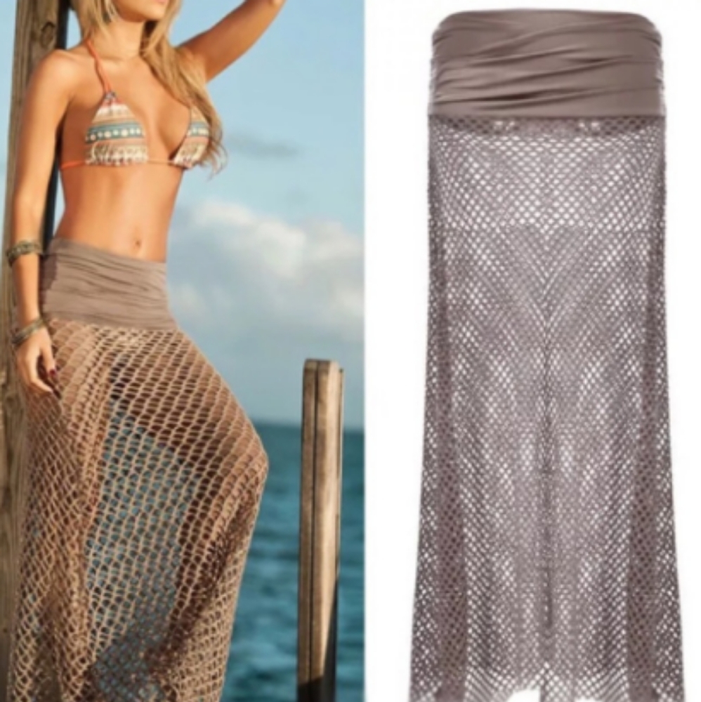 New khaki brown mesh bikini coverup skirt